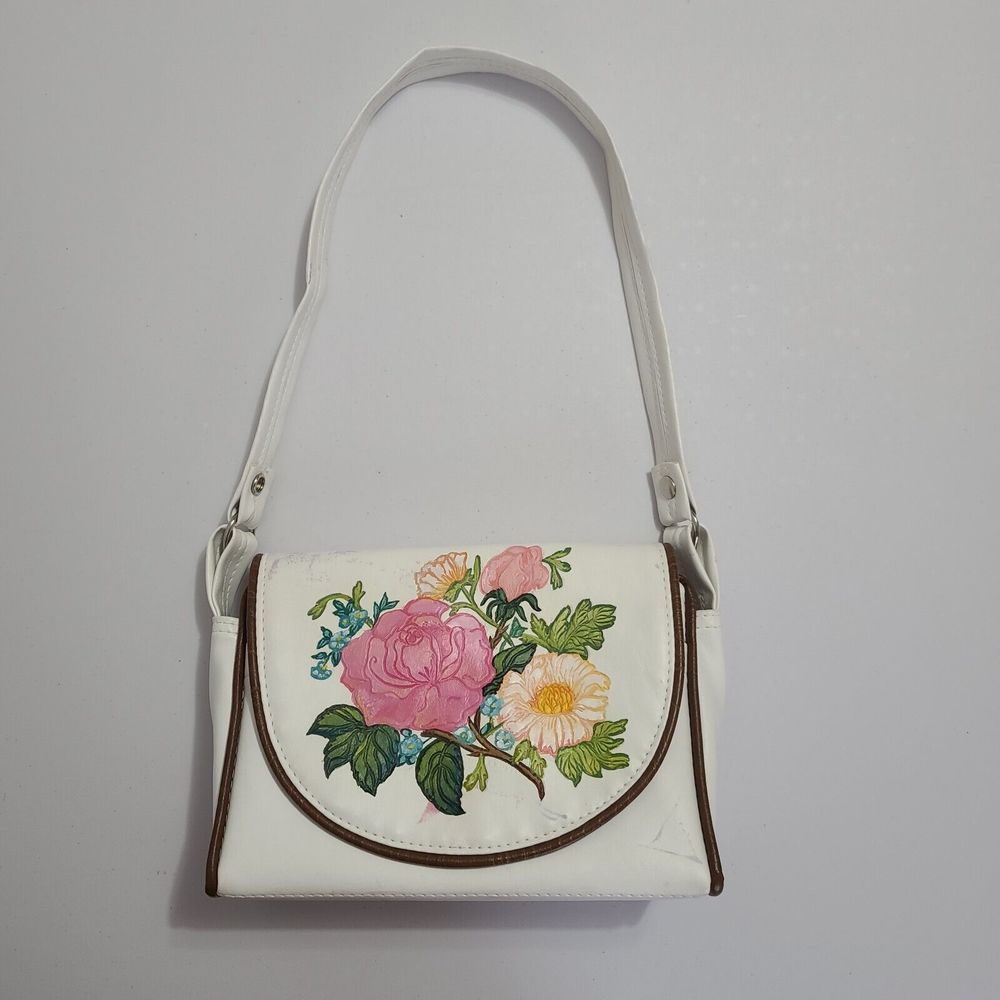 Vintage The Original Florida Keys Embossed Leather Shoulder Handbag Floral White